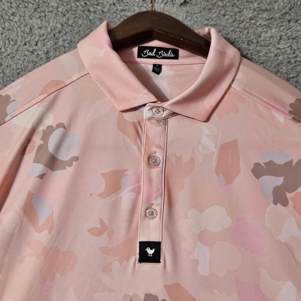 Bad Birdie Polo Shirt Mens Large Pink Camo Golf Stretch Short Sleeve Athletic - Picture 1 of 7